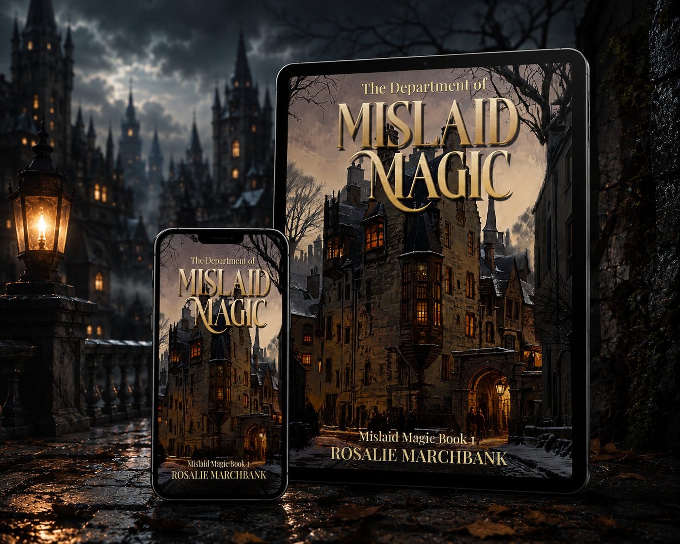 The cover of The Department of Mislaid Magic on a tablet and a phone, on a lamplit winter street